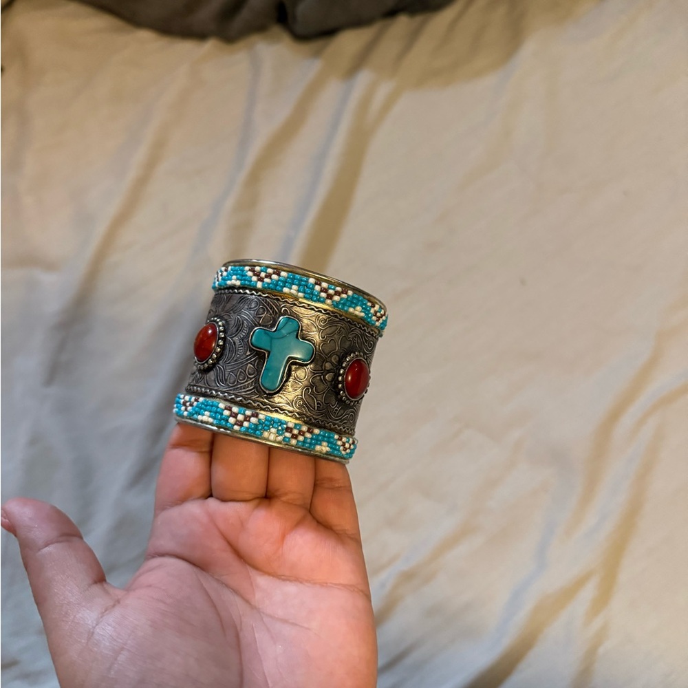Turquoise Cross Beaded Silver Cuff Bracelet with Red Stone Accents